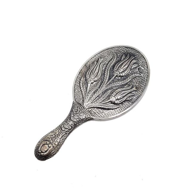 Tulip Patterned Silver Hand Mirror No. 1 - 1