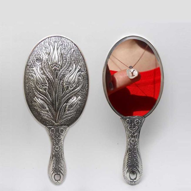 Tulip Patterned Silver Hand Mirror No. 1 - 2