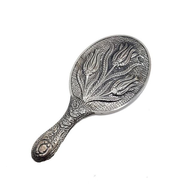 Tulip Patterned Silver Hand Mirror No. 2 - 1