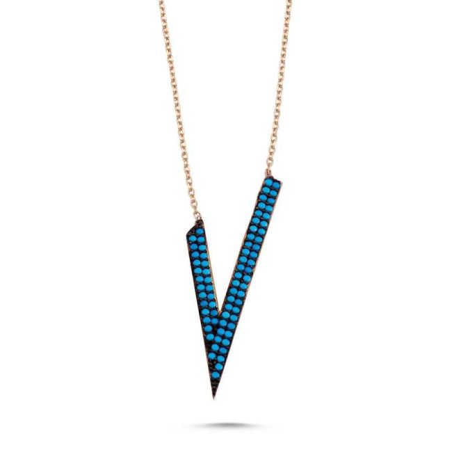 Turquoise Stone Asymmetric V Silver Women's Necklace - 1