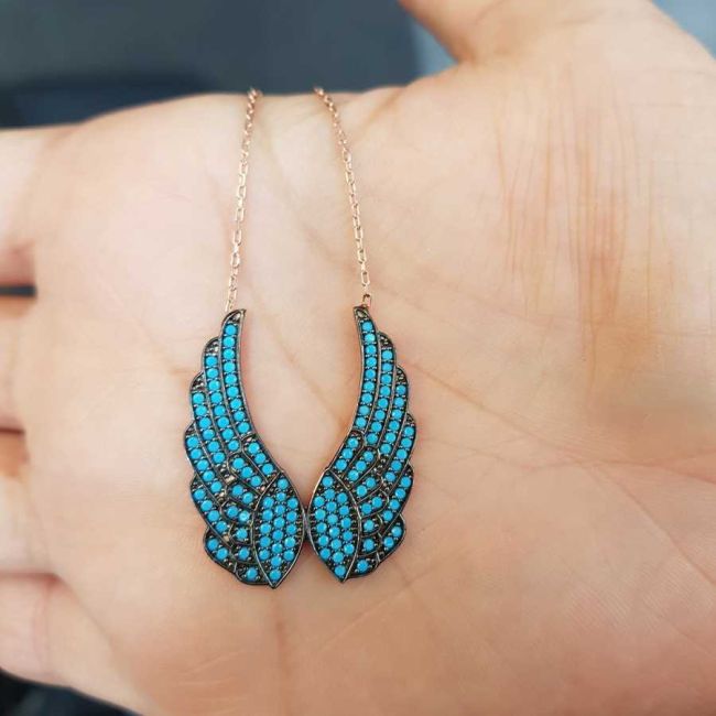 Turquoise Stone Angel Wing Silver Women's Necklace - 1