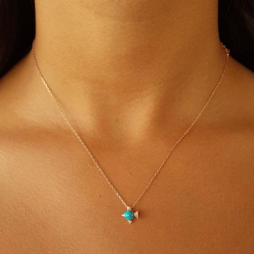Minimal Fish Rose Silver Women's Necklace with Turquoise Stone 