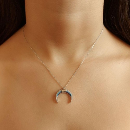 Turquoise Stone Inverted Crescent Silver Women's Necklace - CNG Jewels
