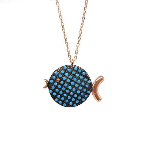 Turquoise Stone Chubby Fish Rosegold Silver Women's Necklace - CNG Jewels