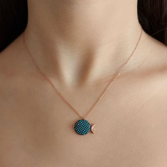 Turquoise Stone Chubby Fish Rosegold Silver Women's Necklace - 2