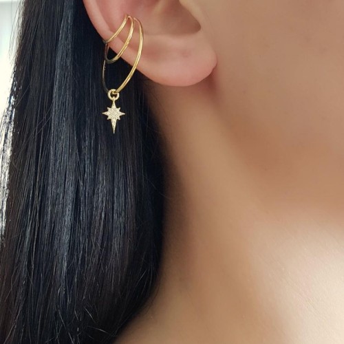 Üç Halka Kutup Yıldızı Gold Gümüş Kıkırdak Küpe - CNG Jewels