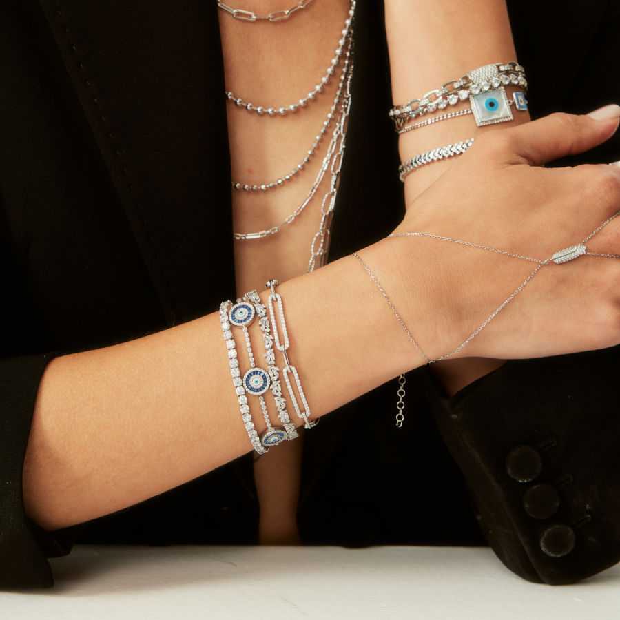 Triple Blue Baguette Eyelet Silver Women's Bracelet - CNG Jewels (1)