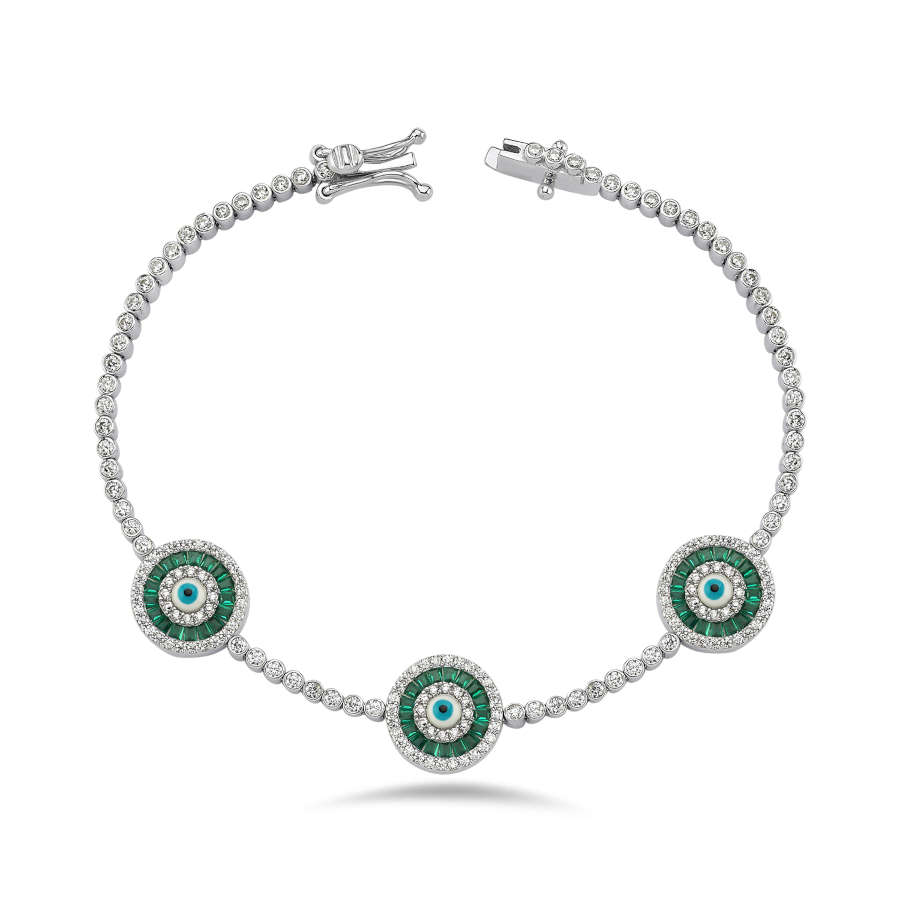 Üçlü Green Baget Beyaz Nazar Boncuğu Su Yolu Gümüş Bileklik - CNG Jewels (1)