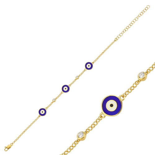 Üçlü Lacivert Mine Nazar Boncuğu Gold Kadın Gümüş Bileklik - CNG Jewels
