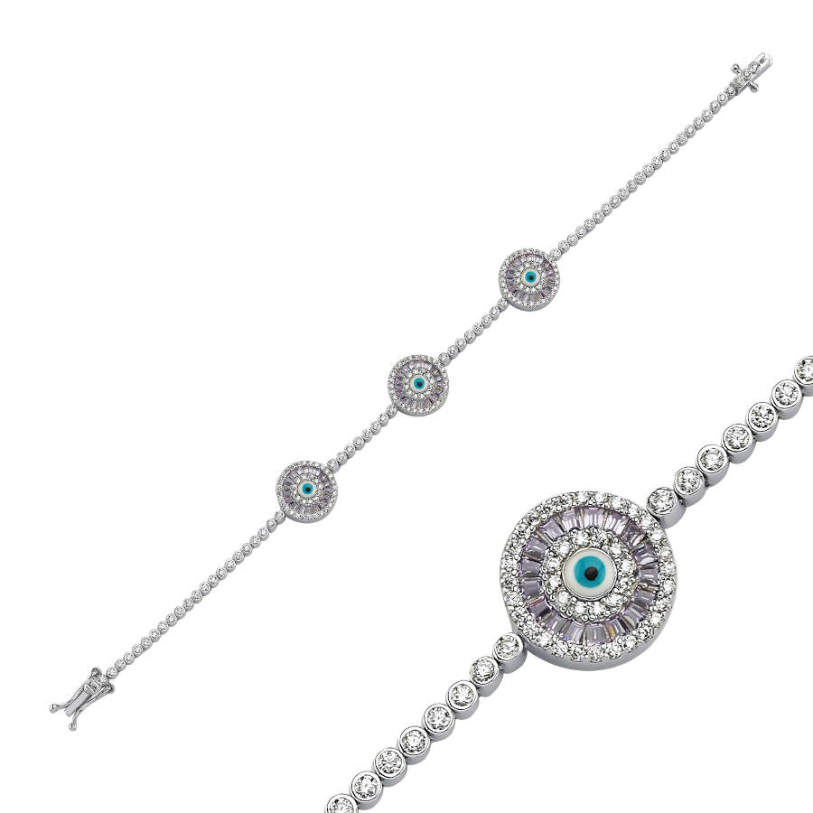 Triple Lilac Baguette White Evil Eye Bead Waterway Silver Bracelet - CNG Jewels