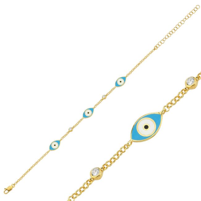 Triple Blue Enamel Evil Eye Bead Gold Silver Bracelet