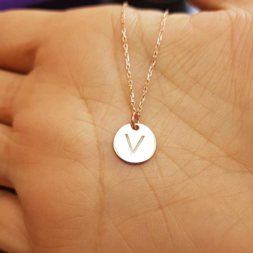 Letter V Rose Minimal Plate Silver Women's Necklace 