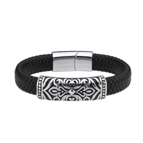 Vintage Patterned Black Leather Steel Men's Bracelet - 1