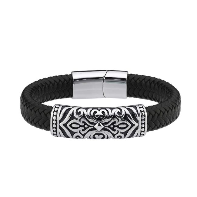 Vintage Patterned Black Leather Steel Men's Bracelet - 1