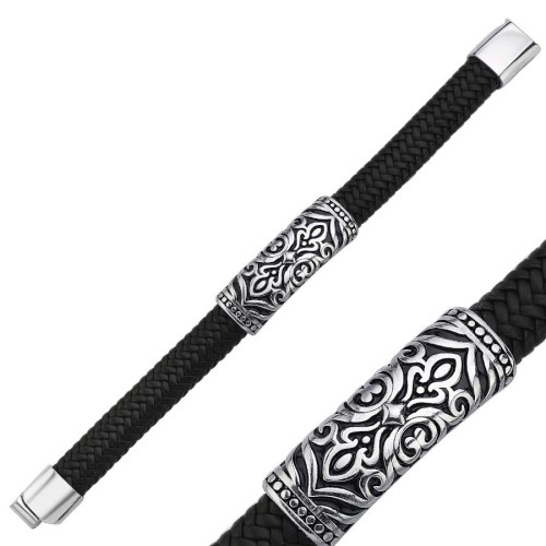 Vintage Patterned Black Leather Steel Men's Bracelet - 2