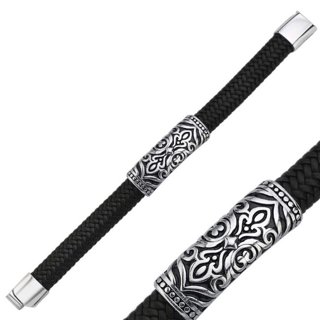 Vintage Patterned Black Leather Steel Men's Bracelet - 2