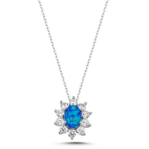Vintage Oval Blue Opal Anturage Women's Silver Necklace - 1