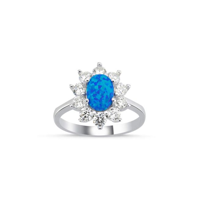 Vintage Oval Mavi Opal Anturaj Kadın Gümüş Yüzük - 1
