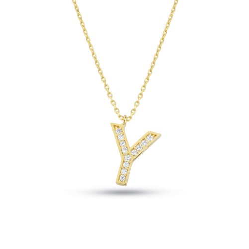 Y Harfi Taşlı 14 Ayar Altın Kolye - CNG Jewels