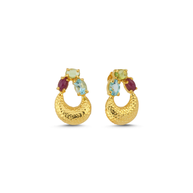Yakut Peridot Blue Topaz Taşlı Luna Gümüş Küpe - 1