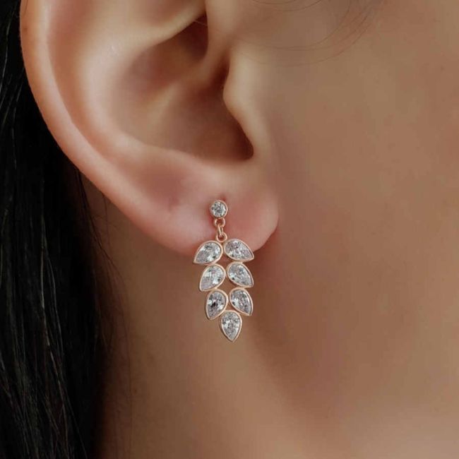 Seven Drop Stone Leaf Rosegold Silver Women's Earrings - 1