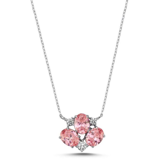 Yelda Pink Taşlı Gümüş Kadın Kolye - 1