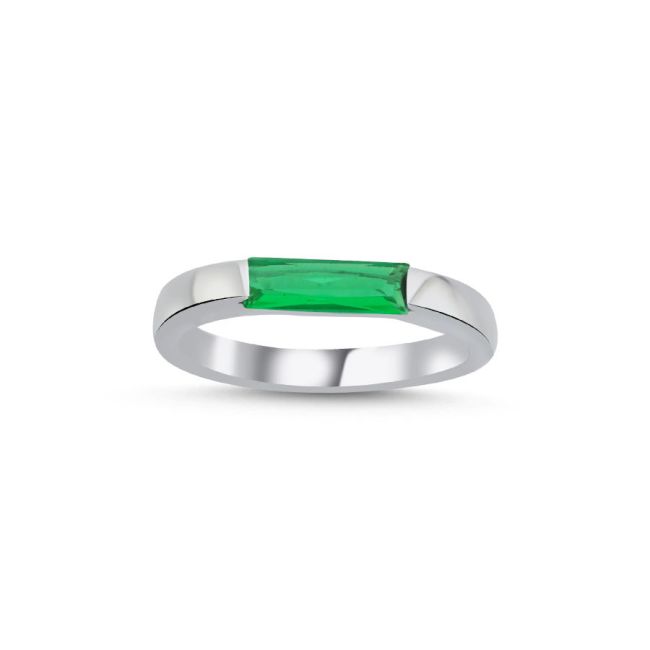 Green Baguette Women's Silver Ring - 1