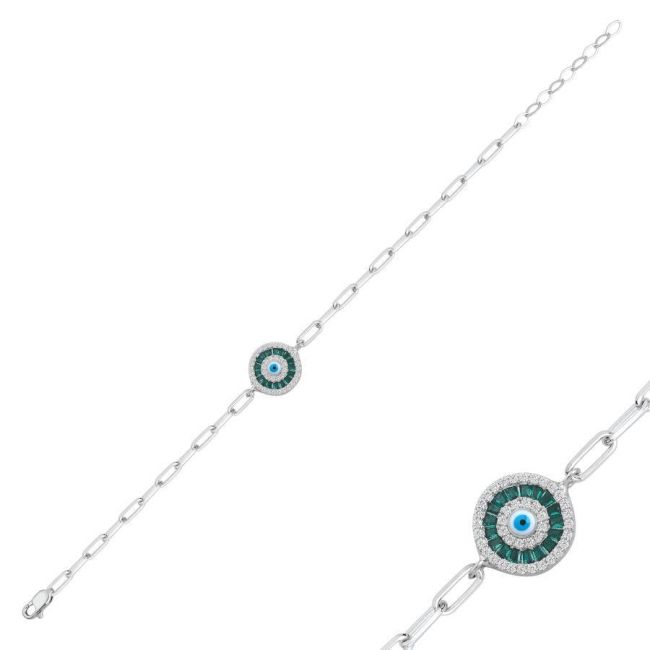 Green Baguette Evil Eye Bead Eye Silver Bracelet