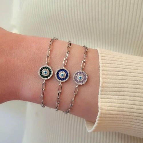 Yeşil Baget Nazar Boncuğu Göz Gümüş Bileklik - CNG Jewels (1)