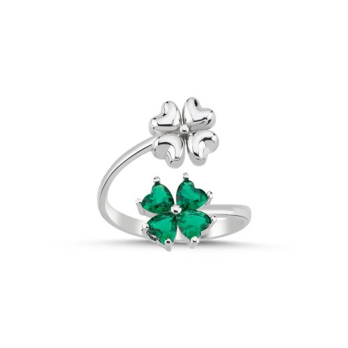 Yeşil İkili Dört Yaprak Yonca Kadın Gümüş Yüzük - CNG Jewels