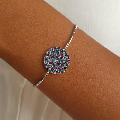 Yuvarlak Renkli Taşlı Asansörlü Gümüş Kadın Bileklik - CNG Jewels