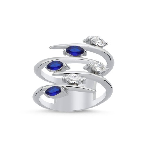 Zigzag Blu Beyaz Taşlı Tasarım Gümüş Yüzük - CNG Jewels
