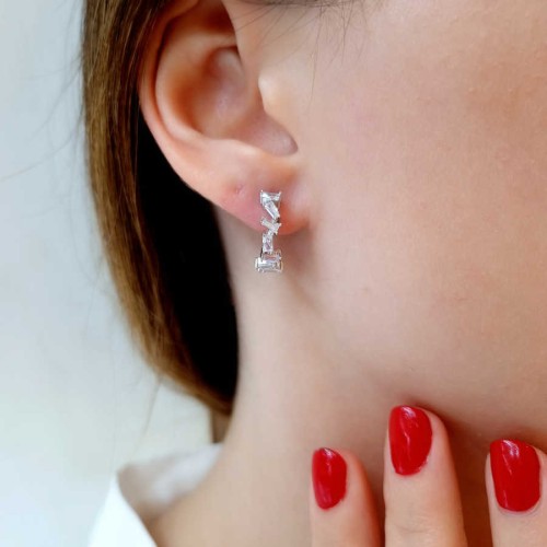 Zigzag Trapeze Minimal Silver Hoop Earrings - 2