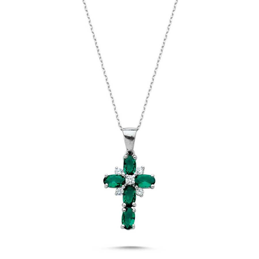 Emerald Stone Cross Women's Silver Necklace - CNG Jewels