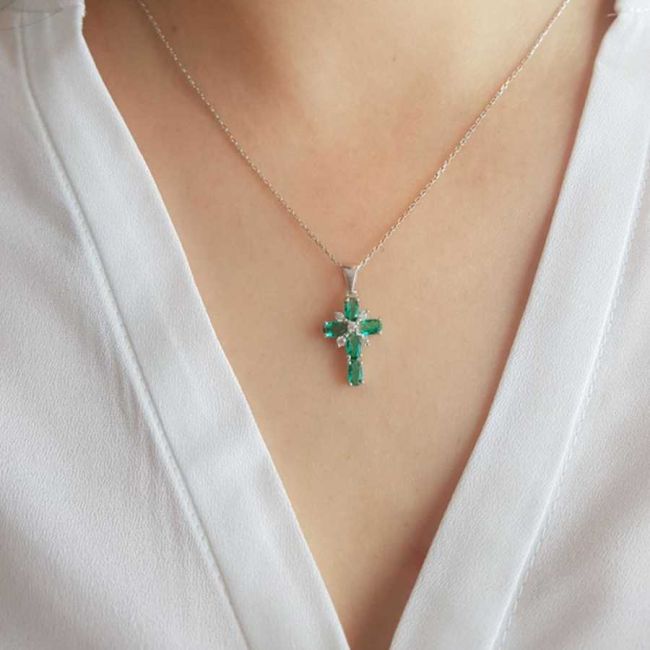 Emerald Stone Cross Women's Silver Necklace - 2