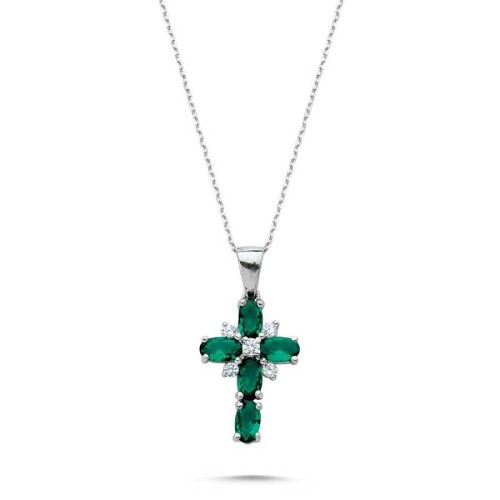 Zümrüt Taşlı Haç Kadın Gümüş Kolye - CNG Jewels